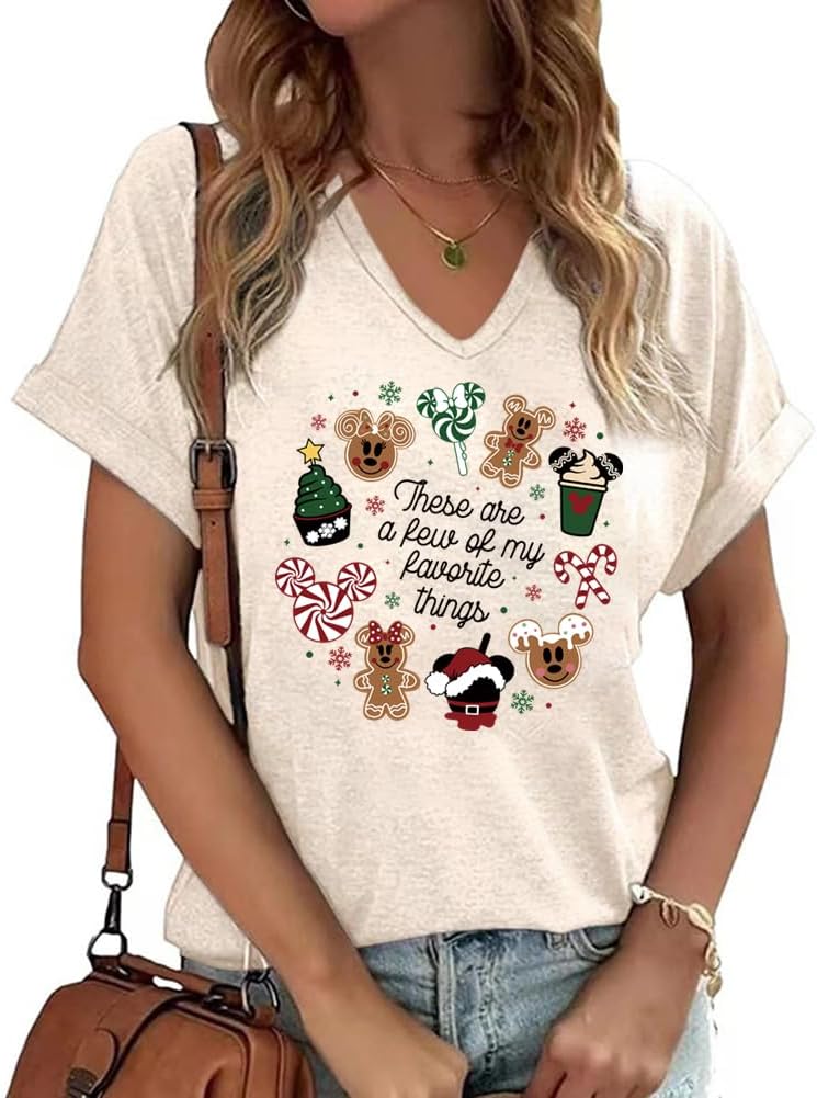 Womens V Neck Christmas Shirt Merry Christmas Holiday Graphic Tees Family Holiday Xmas T-Shirts Gift Tops