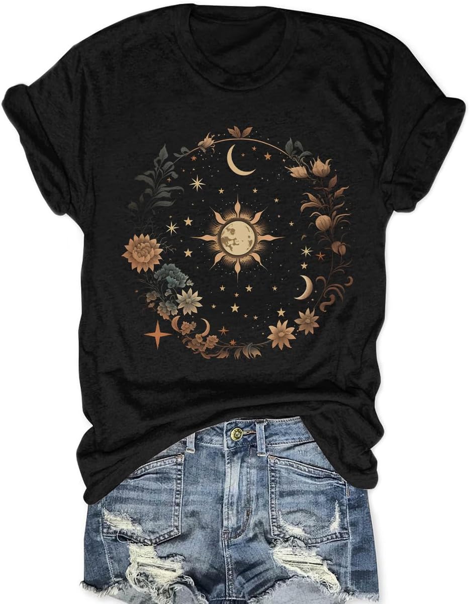 Women Mystic Moon and Sun Shirt Boho Celestial Moon T Shirts