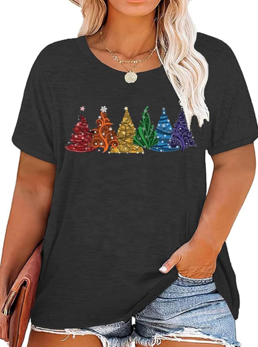 Plus Size Christmas Tree Tshirt Womens Merry Christmas Graphic tee Merry and Bright Short Sleeve