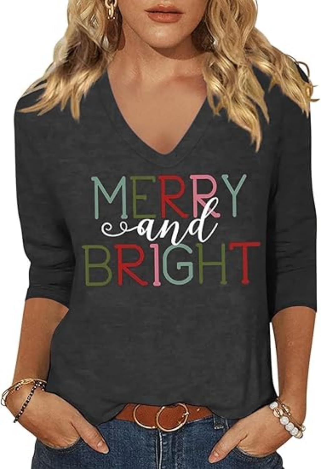 Women's Casual 3/4 Sleeve Shirt Holiday Graphic Tops