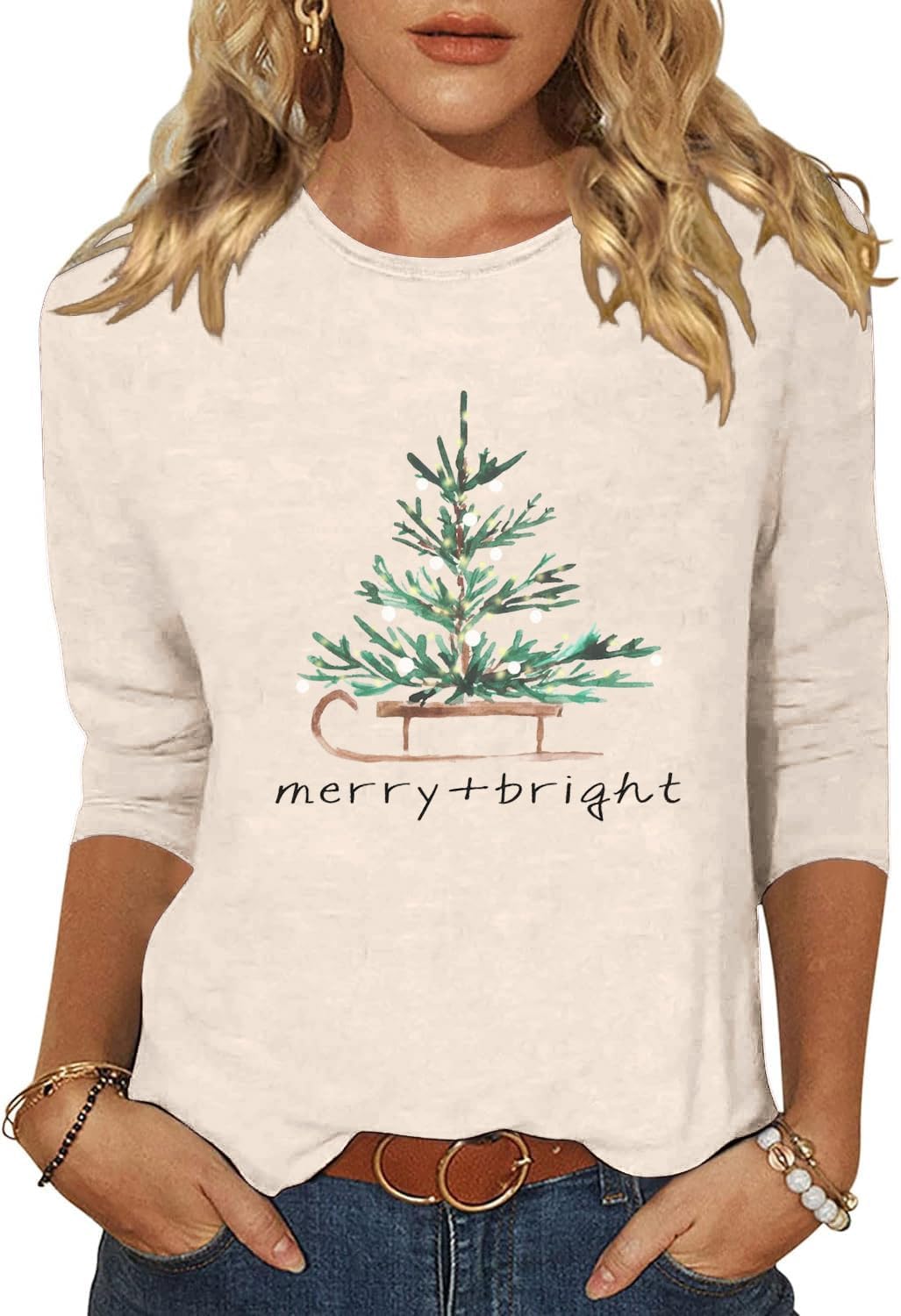 Womens Christmas 3/4 Sleeve Crewneck Shirt