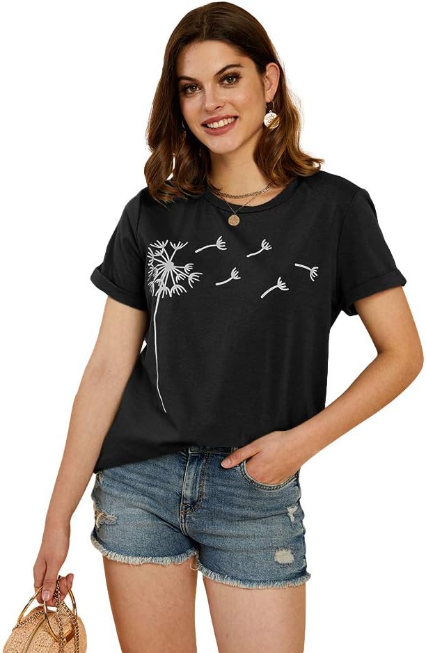 Cicy Bell Women Dandelion Print T Shirt Graphic Short Sleeve Summer Tee Top