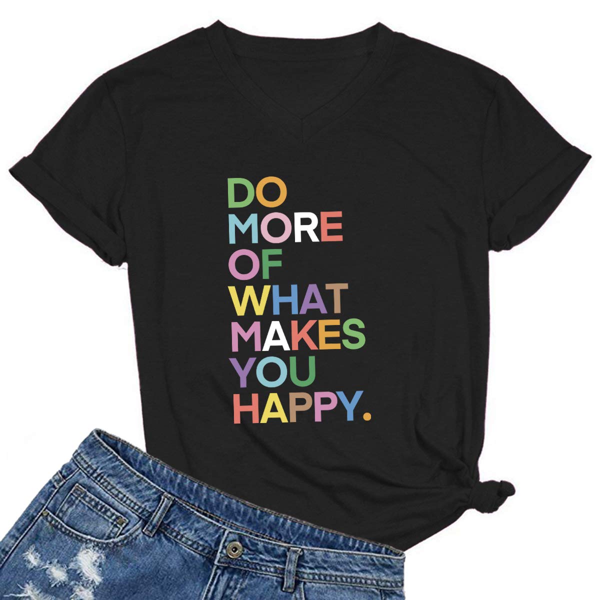 MIMOORN Womens Fun Happy Graphic Tees Summer Cute Letter Printed T-Shirts