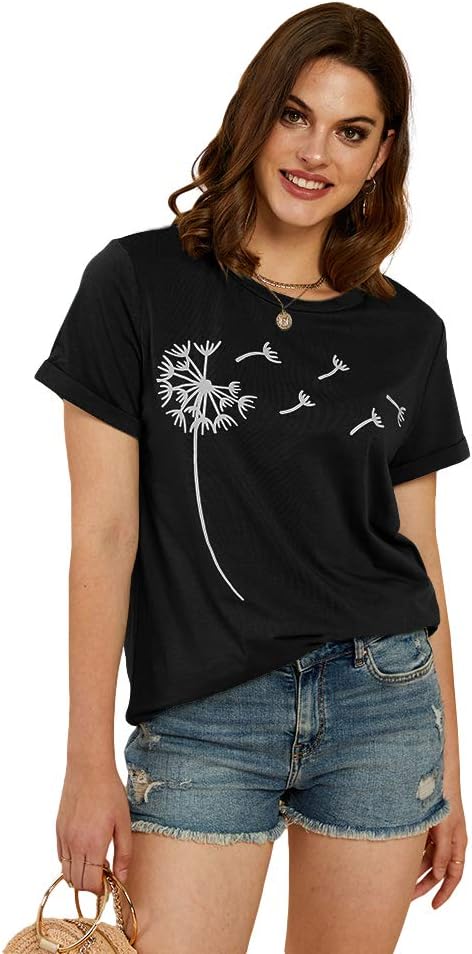 Cicy Bell Women Dandelion Print T Shirt Graphic Short Sleeve Summer Tee Top