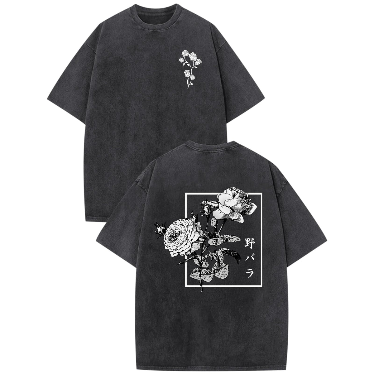 Japanese Graphic Tees for Men Harajuku Rose Flower Floral Shirts Cool Vintage Oversized Streetwear Acid Wash Tops