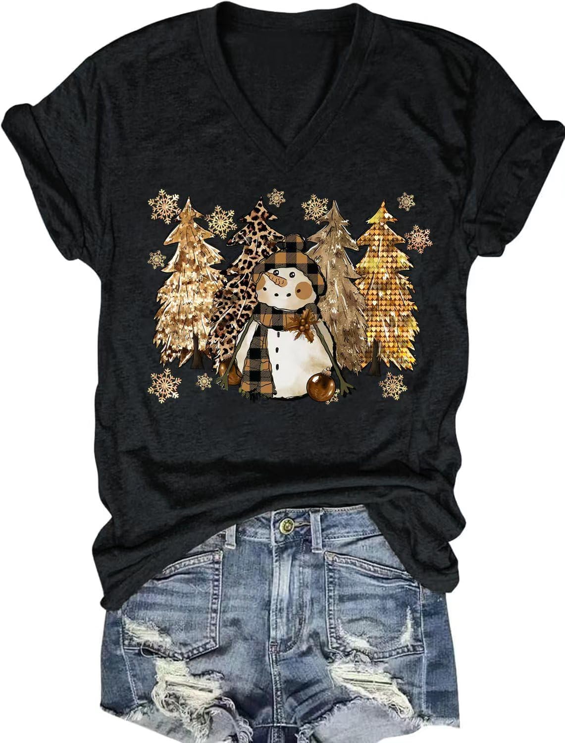 Vircreate Womens Short Sleeve V Neck Christmas T-Shirts Merry Christmas Tree Graphic Tee Tops