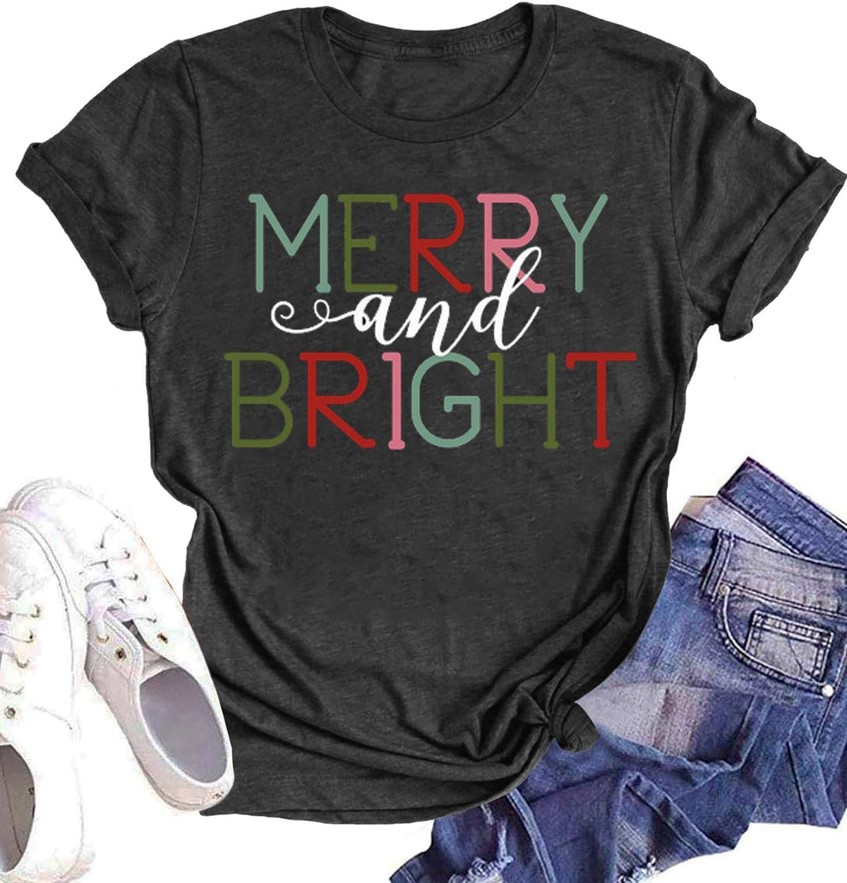 Woffccrd Womens Funny Christmas Shirts Merry and Bright T-Shirts Christmas Tree Shirts Merry Christmas Graphic Tee Tops