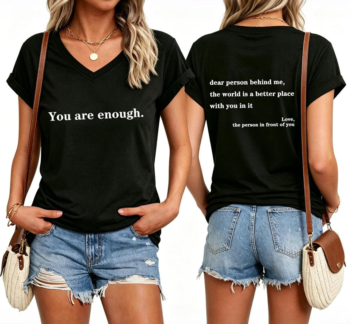 Women's Mental Health V-Neck T-Shirt You are Enough & Dear Person Behind Me Positive Quote Print Casual Tee