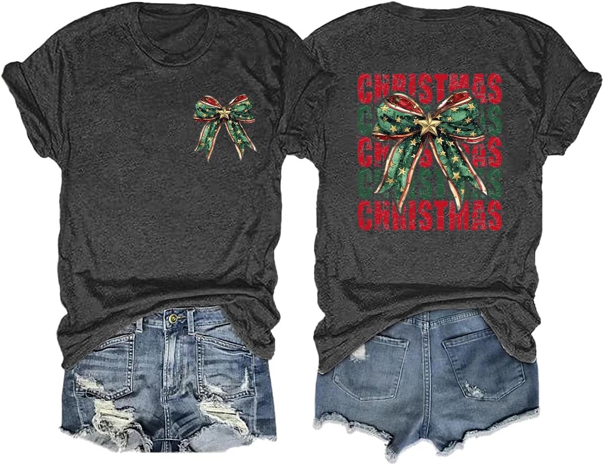 Women's Merry Christmas 2 Sided T-Shirt Funny Xmas Graphic Tee Winter Holiday Shirt Tops Blouse