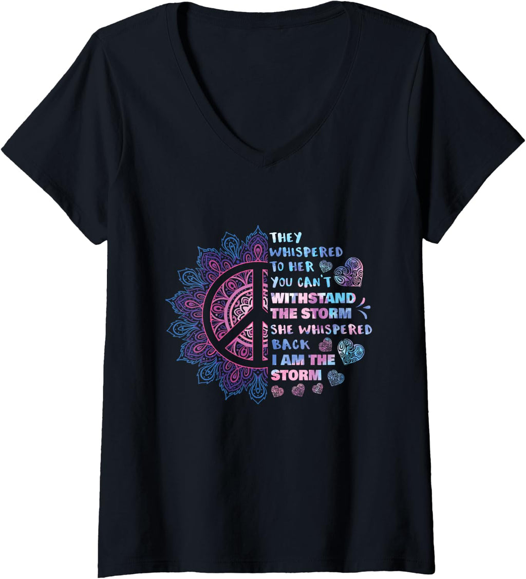 Women's They Whispered to Her You Can't Withstand The Storm - Peace V-Neck T-Shirt