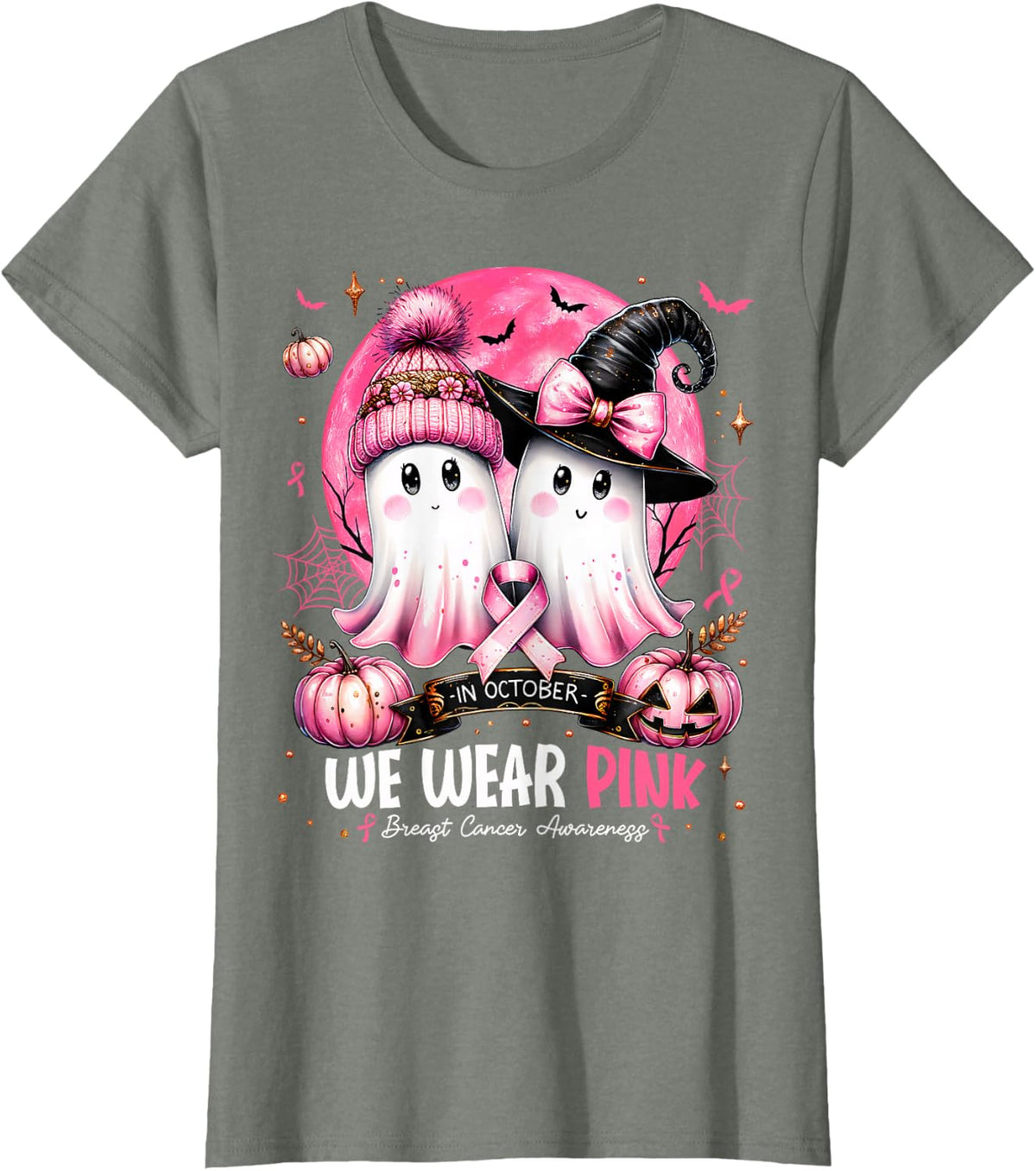 in October We Wear Pink Ghost Witch Breast Cancer Awareness T-Shirt