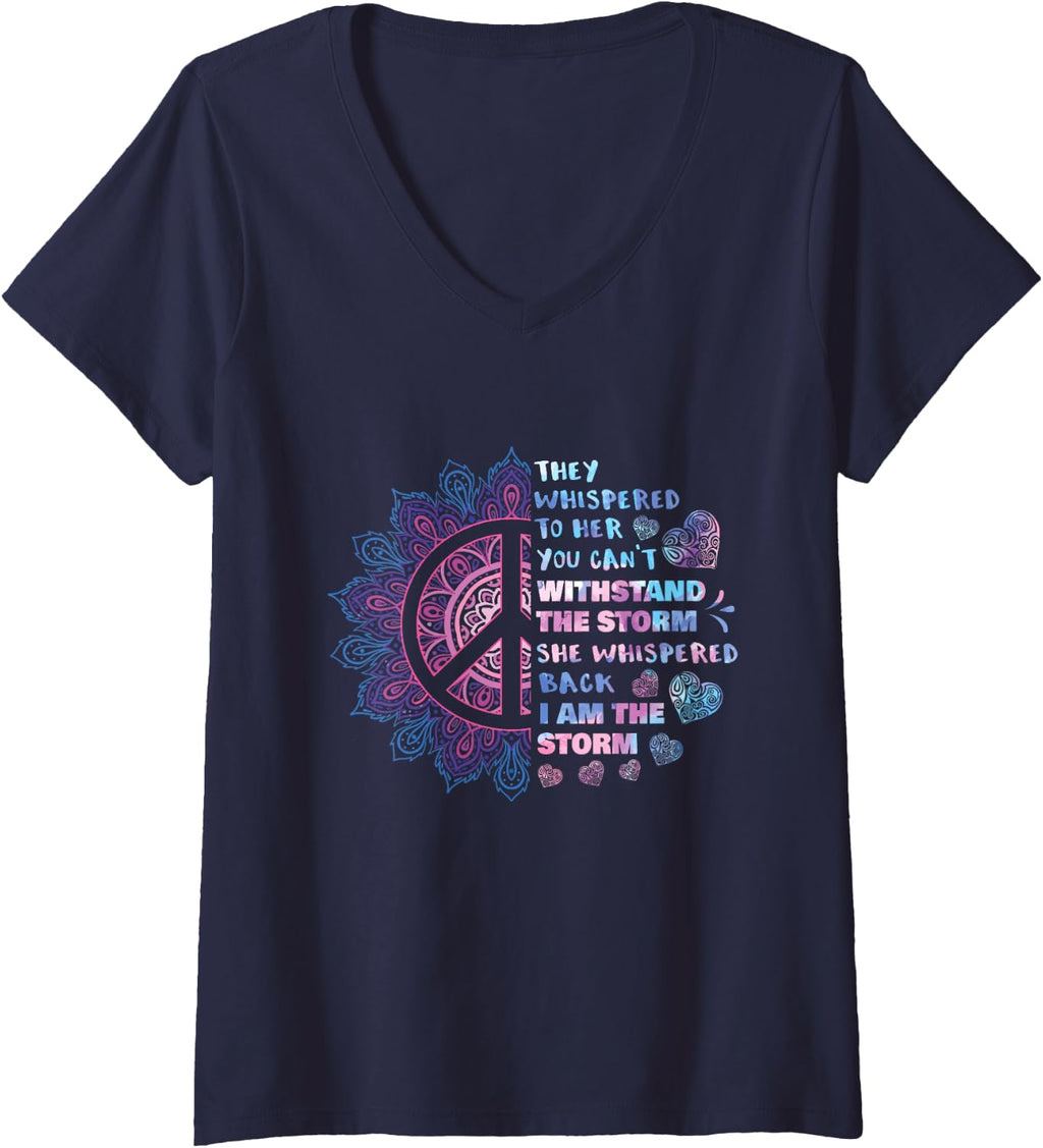 Women's They Whispered to Her You Can't Withstand The Storm - Peace V-Neck T-Shirt