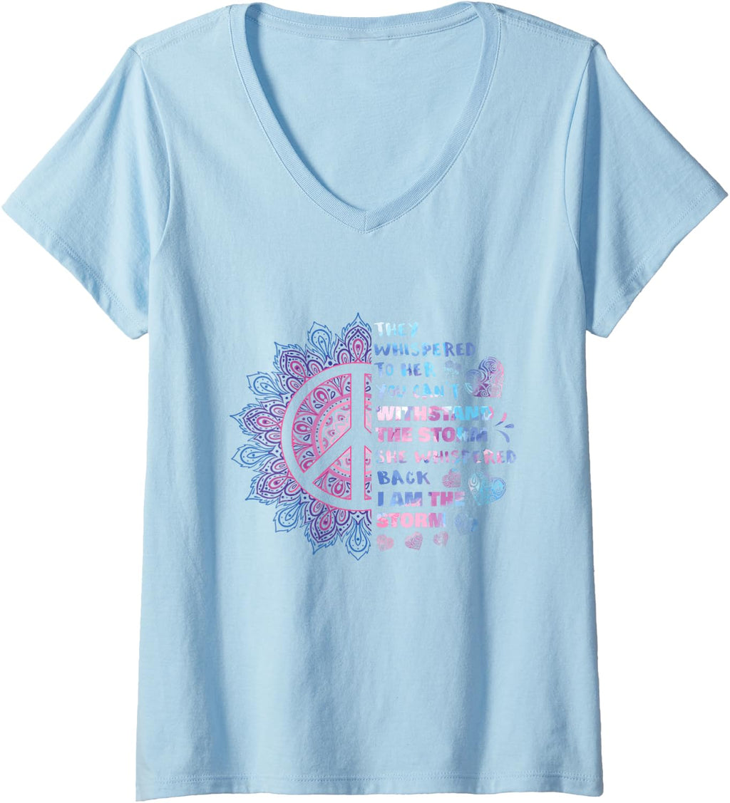 Women's They Whispered to Her You Can't Withstand The Storm - Peace V-Neck T-Shirt