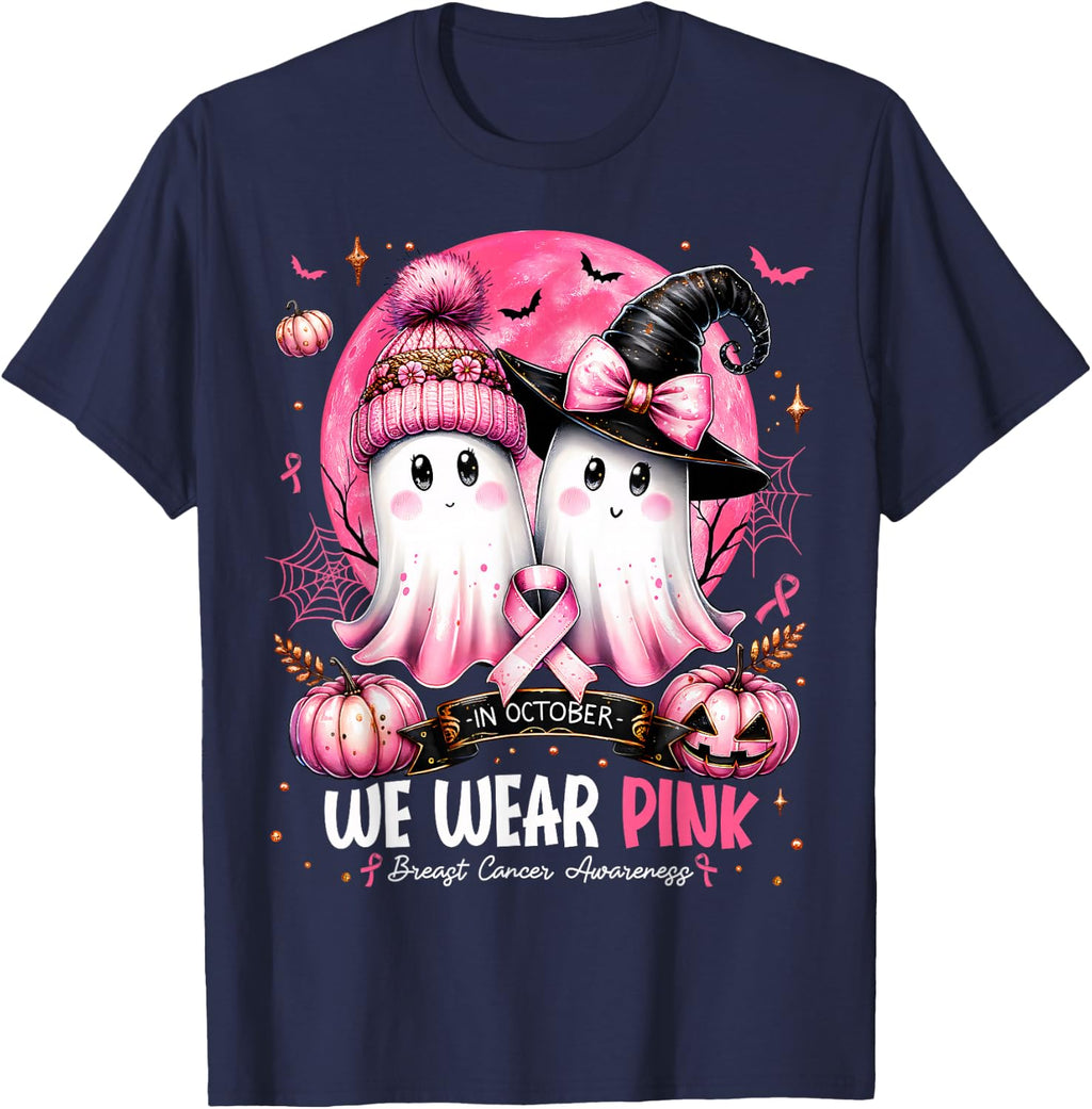 in October We Wear Pink Ghost Witch Breast Cancer Awareness T-Shirt