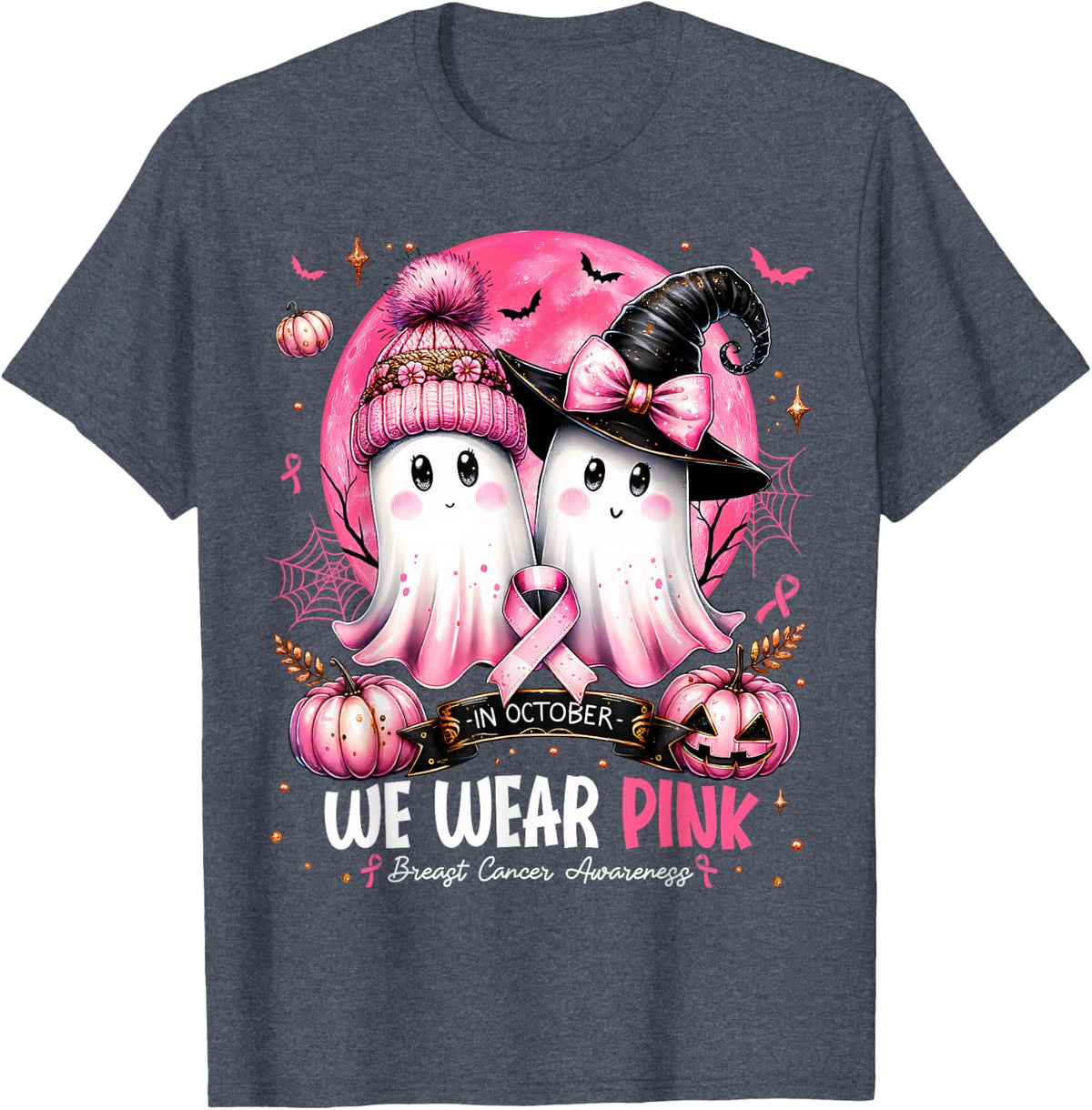 in October We Wear Pink Ghost Witch Breast Cancer Awareness T-Shirt