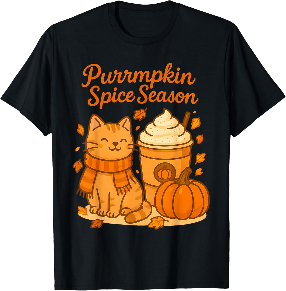 Cute Fall Cat Scarf Pumpkin Latte Purrmpkin Spice Season Pun T-Shirt