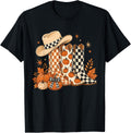Cowgirl Boots Checkered Fall Western Autumn Pumpkin Women T-Shirt