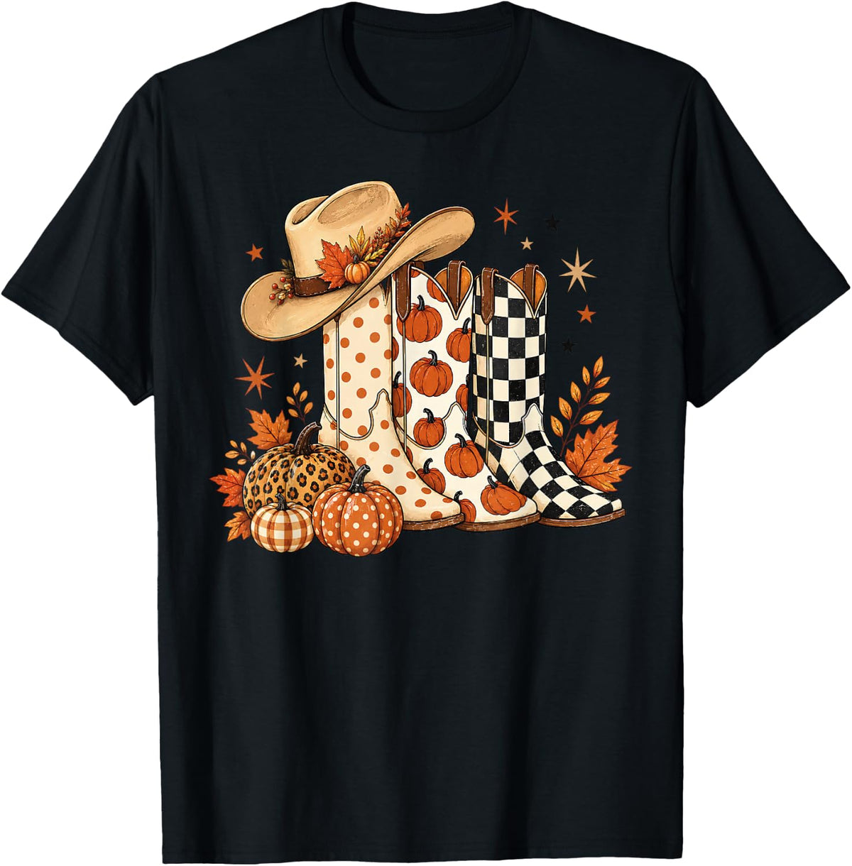 Cowboy Boots Checkered Polka Dot Pumpkin Western Fall Autumn T-Shirt