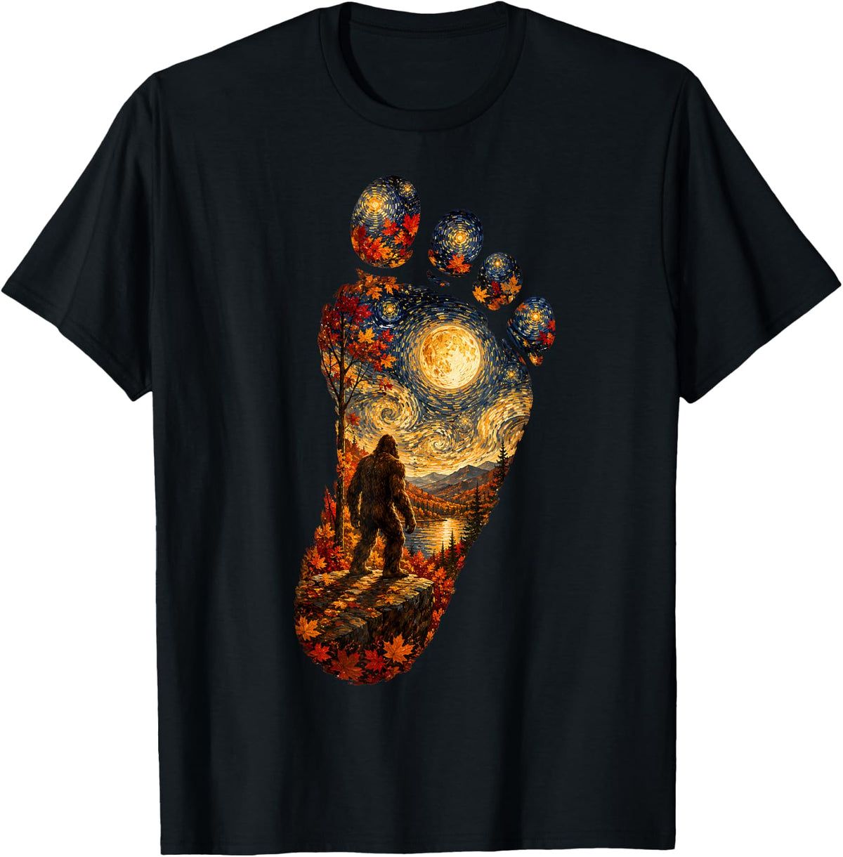 Bigfoot Footprint Sasquatch Moon Forest Autumn Fall Nature T-Shirt