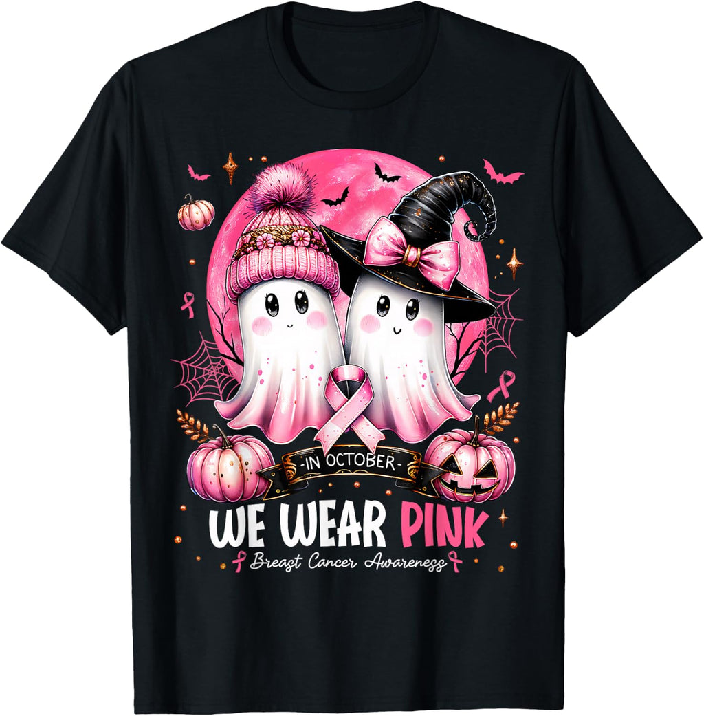 in October We Wear Pink Ghost Witch Breast Cancer Awareness T-Shirt
