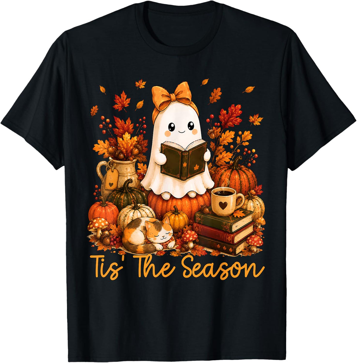 Tis The Season Cute Ghost Reading Book Autumn Fall Halloween T-Shirt