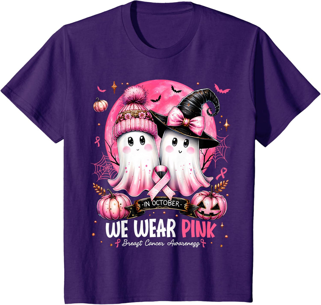in October We Wear Pink Ghost Witch Breast Cancer Awareness T-Shirt