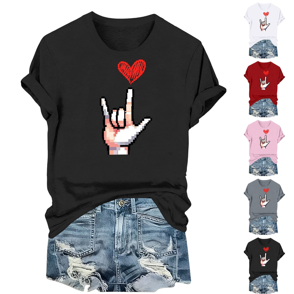 EchfiProm Womens Valentine Day Shirts Gray Valentine Graphic Tees Crewneck Heart Tops for Ladies Cute