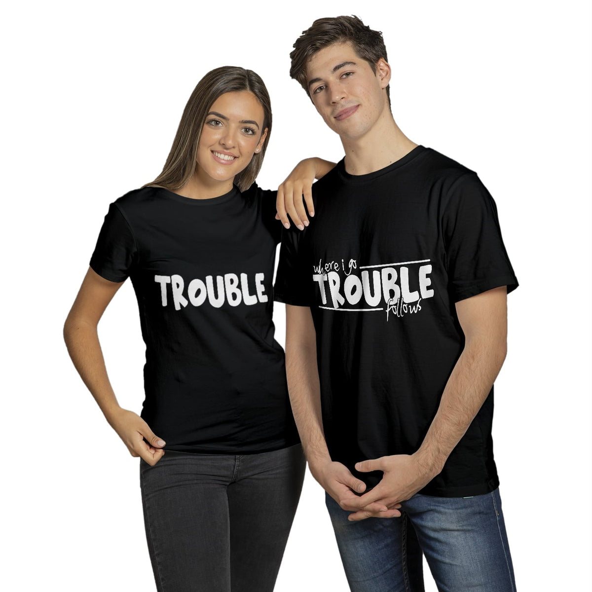 Where I Go Trouble Follows Matching Couple Tshirt – Funny His and Hers Graphic Tee – His and Hers Gift, Valentine's Day